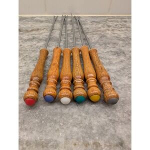 Vintage Fondue Forks Skewers Set of 6 Wooden Color Coded Mid Century Retro 1970s